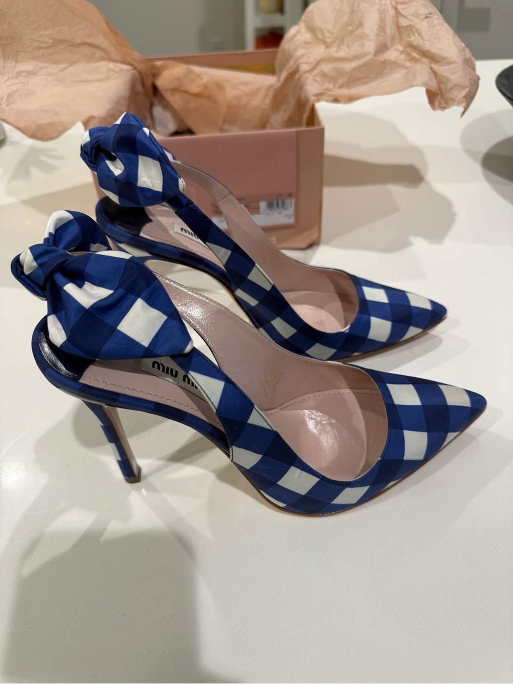 Miu Miu Blue and White Gingham Bow Slingback Pumps - Picture 6 of 6